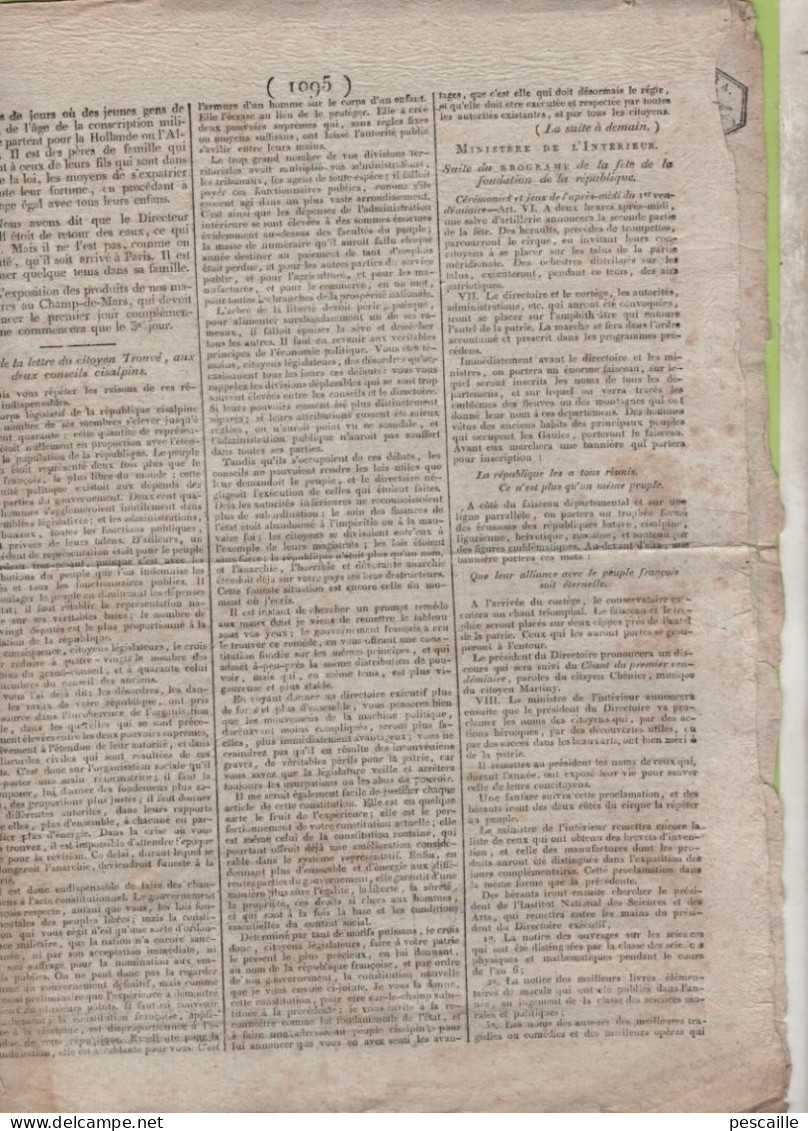 GAZETTE DE FRANCE 1er JOUR COMPLEMENTAIRE AN 6 - IRLANDE - GENES - AARAU - BELLINZONE - APPENZELL - NELSON EGYPTE - FETE - Journaux Anciens - Avant 1800