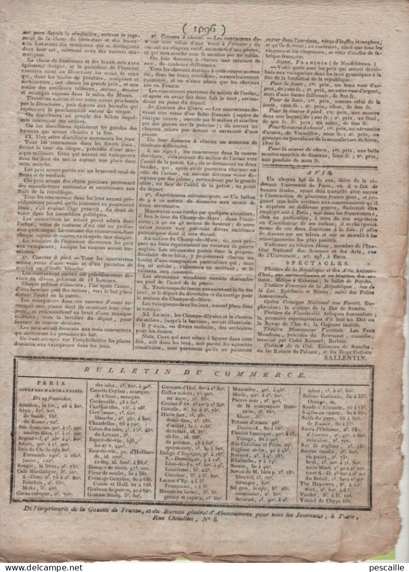 GAZETTE DE FRANCE 1er JOUR COMPLEMENTAIRE AN 6 - IRLANDE - GENES - AARAU - BELLINZONE - APPENZELL - NELSON EGYPTE - FETE - Periódicos - Antes 1800