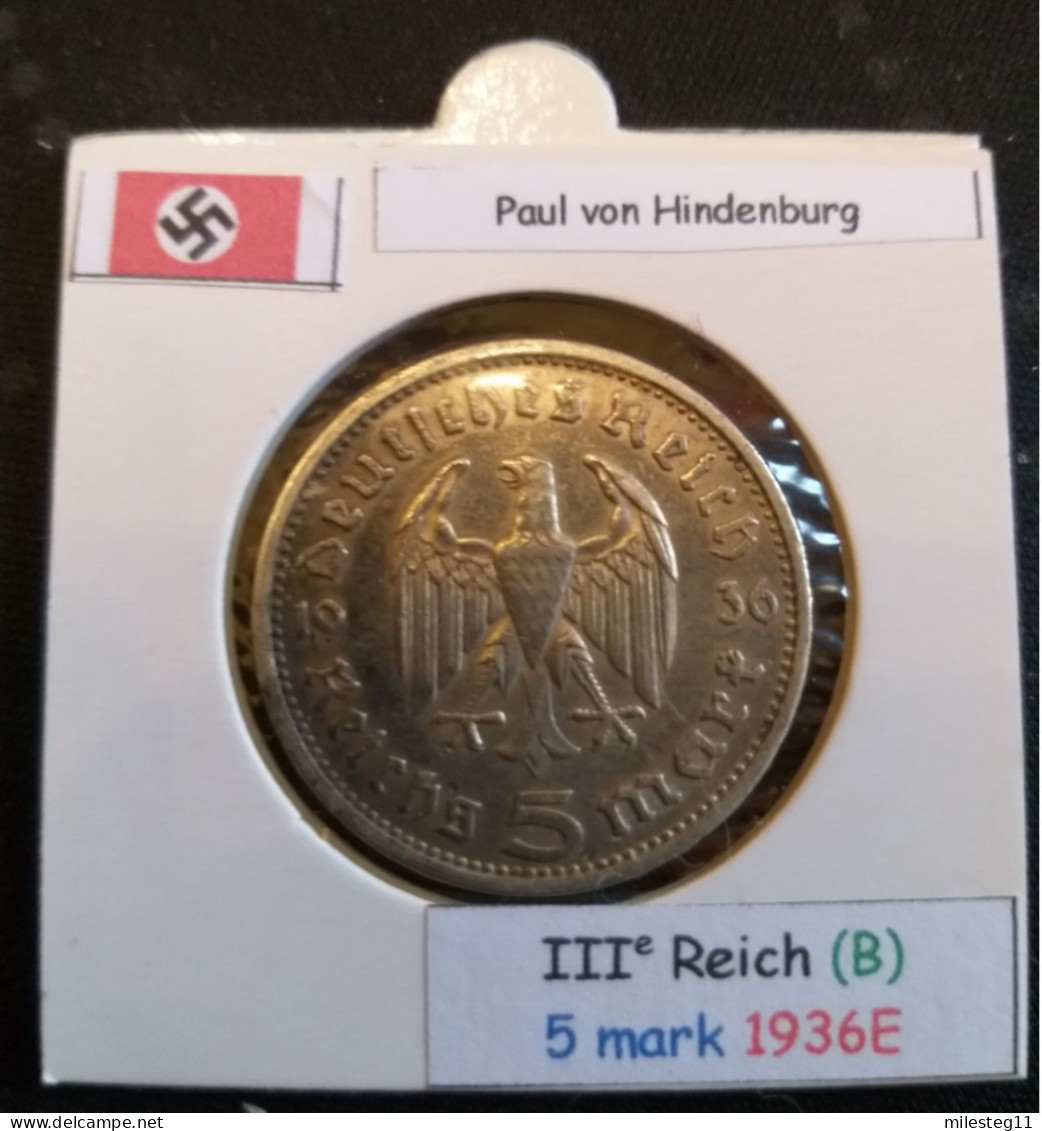 Pièce De 5 Reichsmark De 1936E (Muldenhütten) Paul Von Hindenburg (position B) - 5 Reichsmark