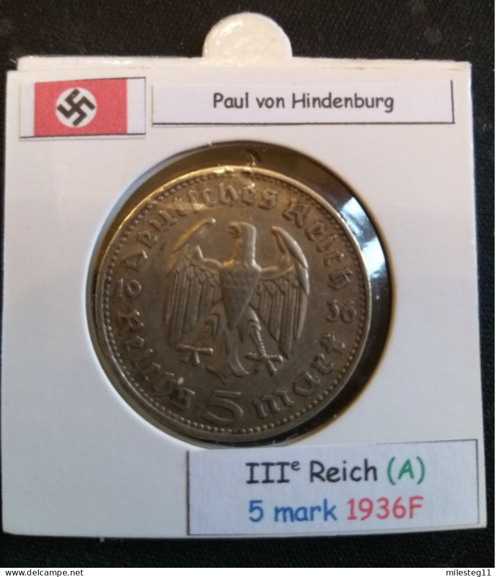 Pièce De 5 Reichsmark De 1936F (Stuttgard) Paul Von Hindenburg (position A) - 5 Reichsmark