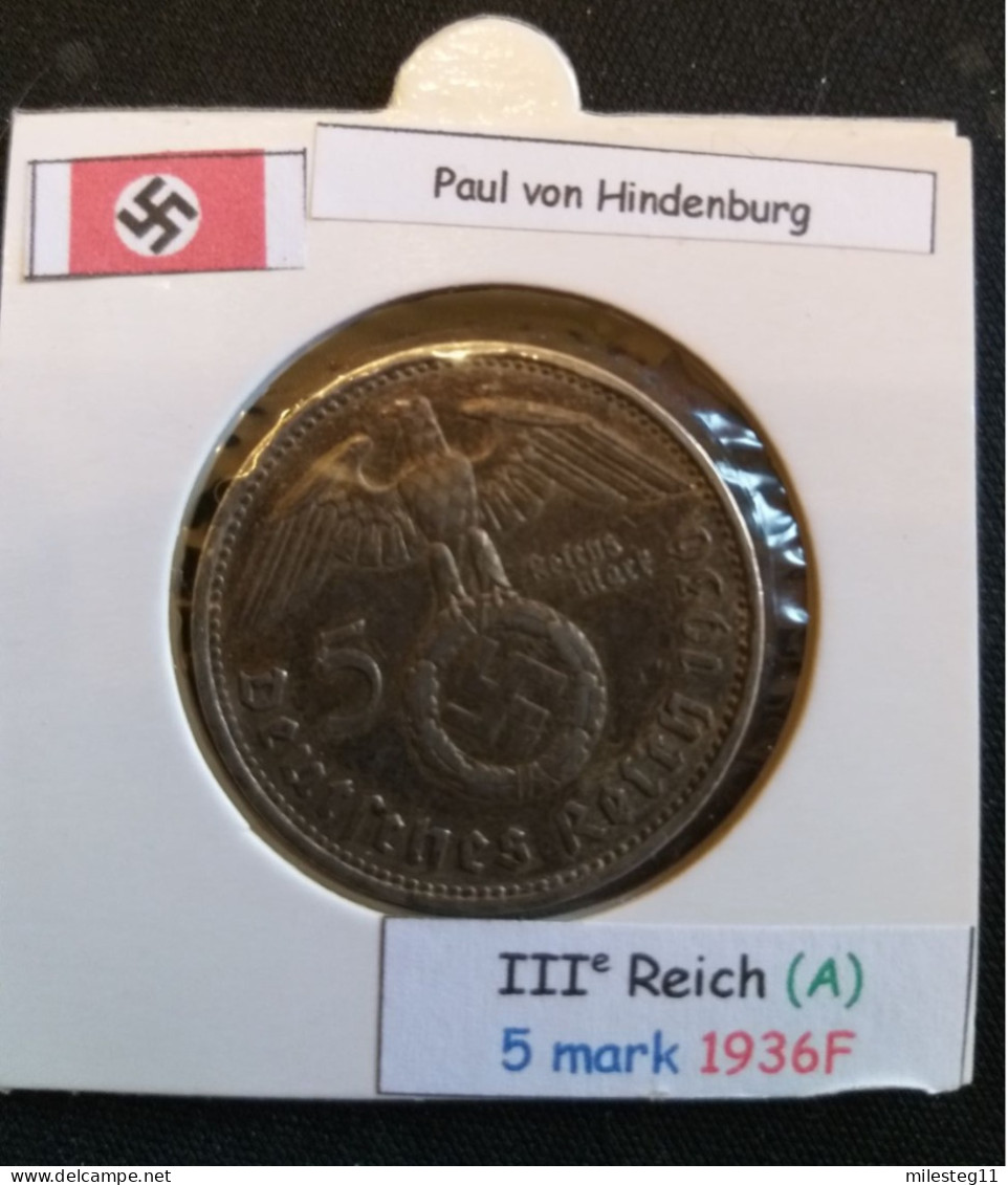 Pièce De 5 Reichsmark De 1936F (Stuttgard) Paul Von Hindenburg (position A) - 5 Reichsmark