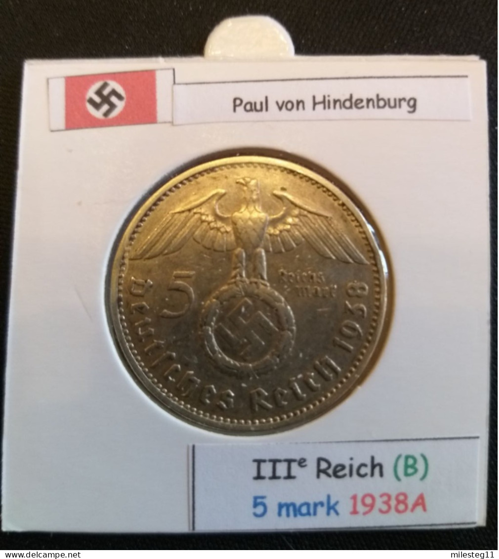 Pièce De 5 Reichsmark De 1938A (Berlin) Paul Von Hindenburg (position B) - 5 Reichsmark