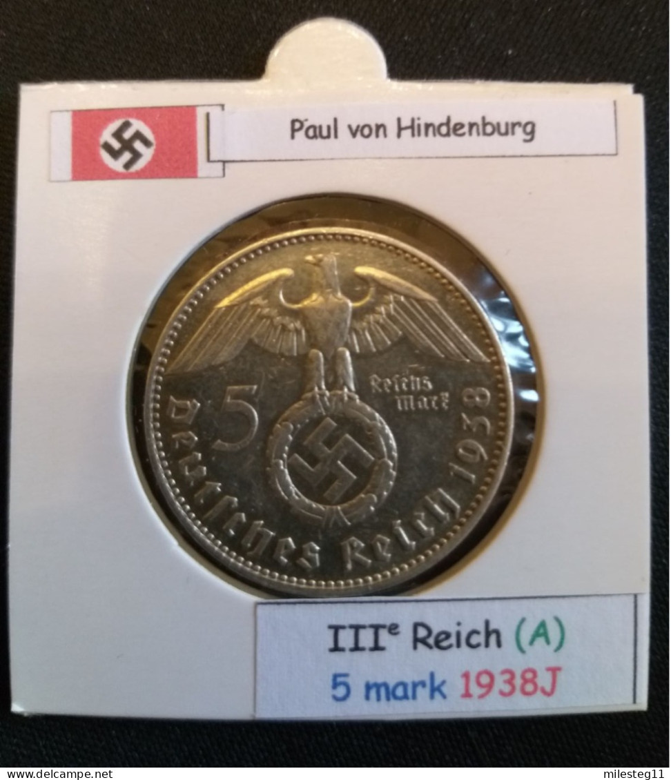 Pièce De 5 Reichsmark De 1938J (Hambourg) Paul Von Hindenburg (position A) - 5 Reichsmark