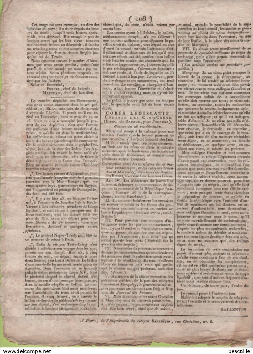 GAZETTE DE FRANCE 27 VENDEMIAIRE AN 7 - ECOSSE - IRLANDE - TURQUIE BUCAREST SEMLIN IASI - SARDAIGNE - COIRE - LUCERNE - Zeitungen - Vor 1800