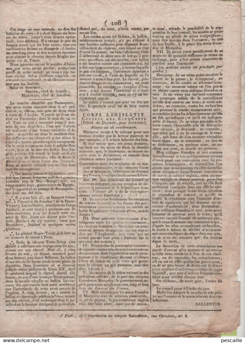 GAZETTE DE FRANCE 27 VENDEMIAIRE AN 7 - ECOSSE - IRLANDE - TURQUIE BUCAREST SEMLIN IASI - SARDAIGNE - COIRE - LUCERNE - Periódicos - Antes 1800