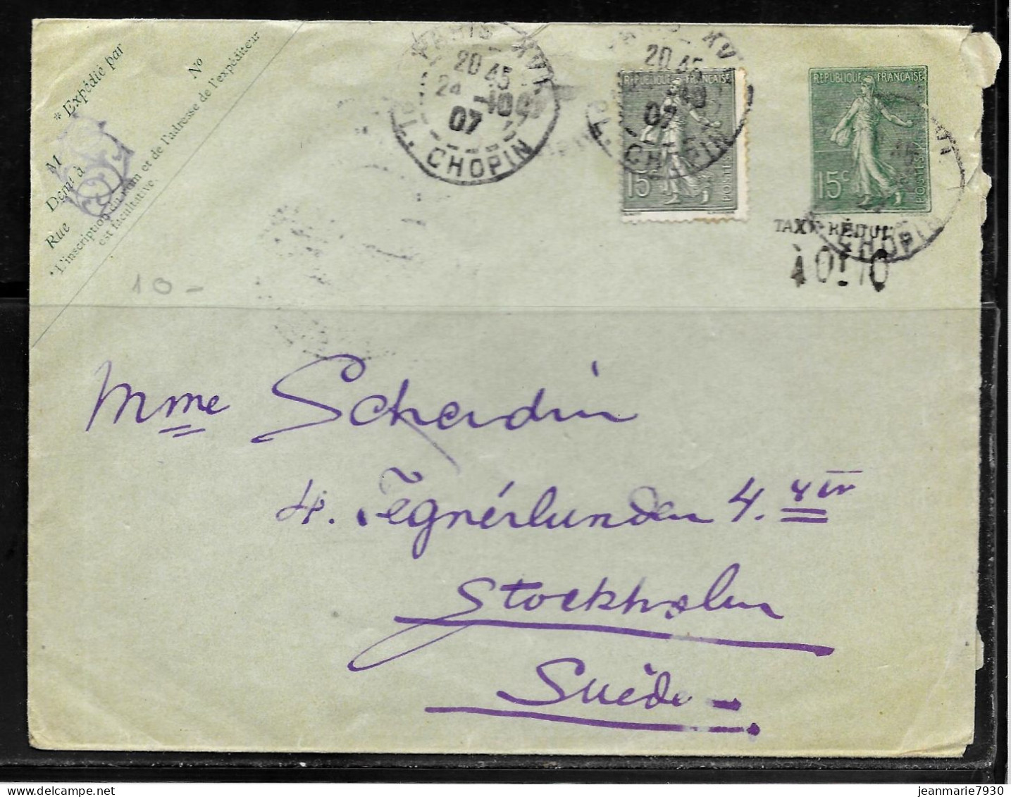 1E2 - ENTIER SEMEUSE FOND LIGNEE TAXE REDUITE Et SEMEUSE FOND LIGNEE SUR LETTRE DE PARIS DU 24/10/07 POUR LA SUEDE - Sobres Transplantados (antes 1995)