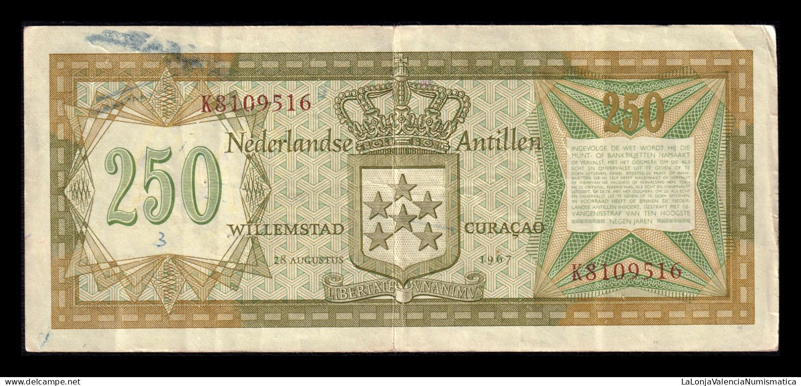 Antillas Holandesas Netherland Antilles 250 Gulden 1967 Pick 13 Bc/Mbc F/Vf - Antille Olandesi (...-1986)