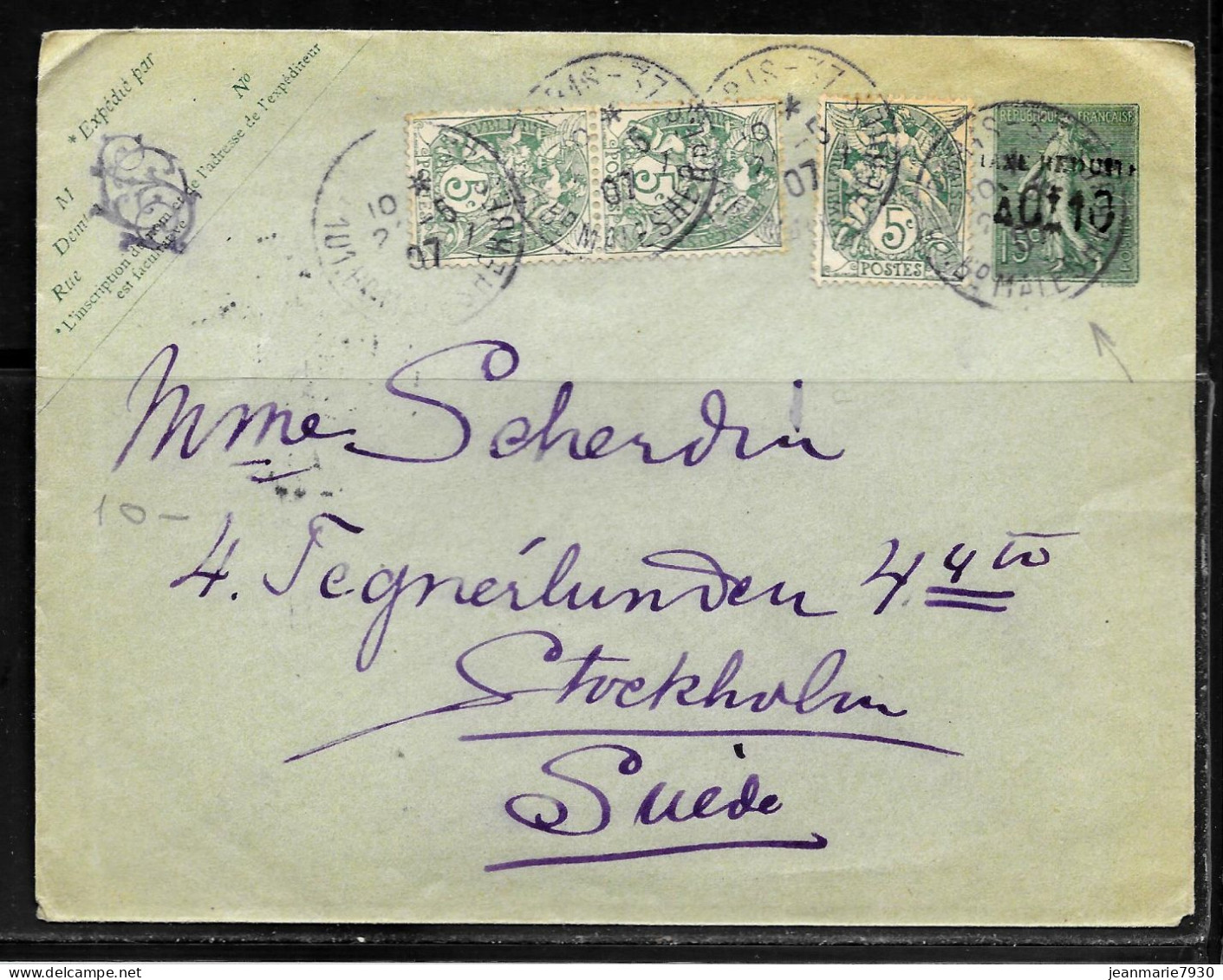 1E4 - ENTIER SEMEUSE FOND LIGNEE TAXE REDUITE Et BLANC SUR LETTRE DE PARIS DU 21/05/07 POUR LA SUEDE - Overprinted Covers (before 1995)