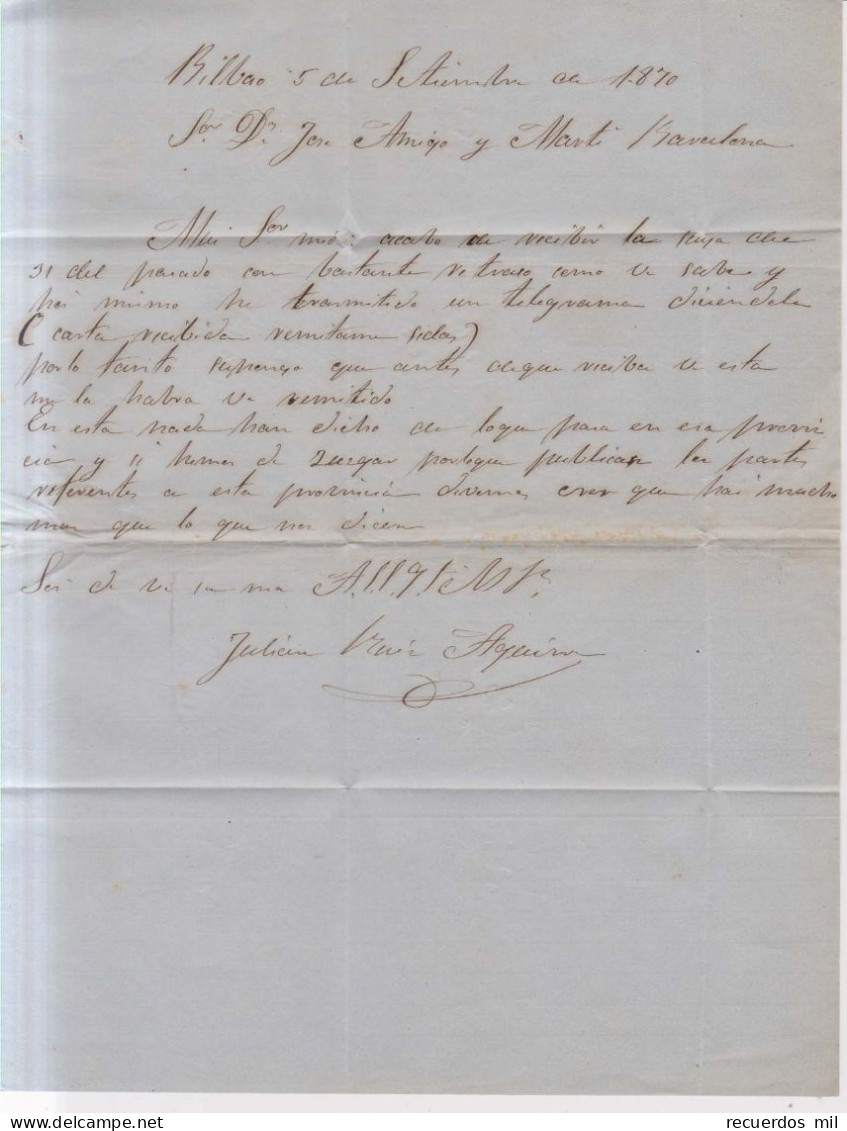 Año 1870 Edifil 107 Carta Matasellos Rejilla Cifra 20 Bilbao Julian Maria Aguirre - Storia Postale