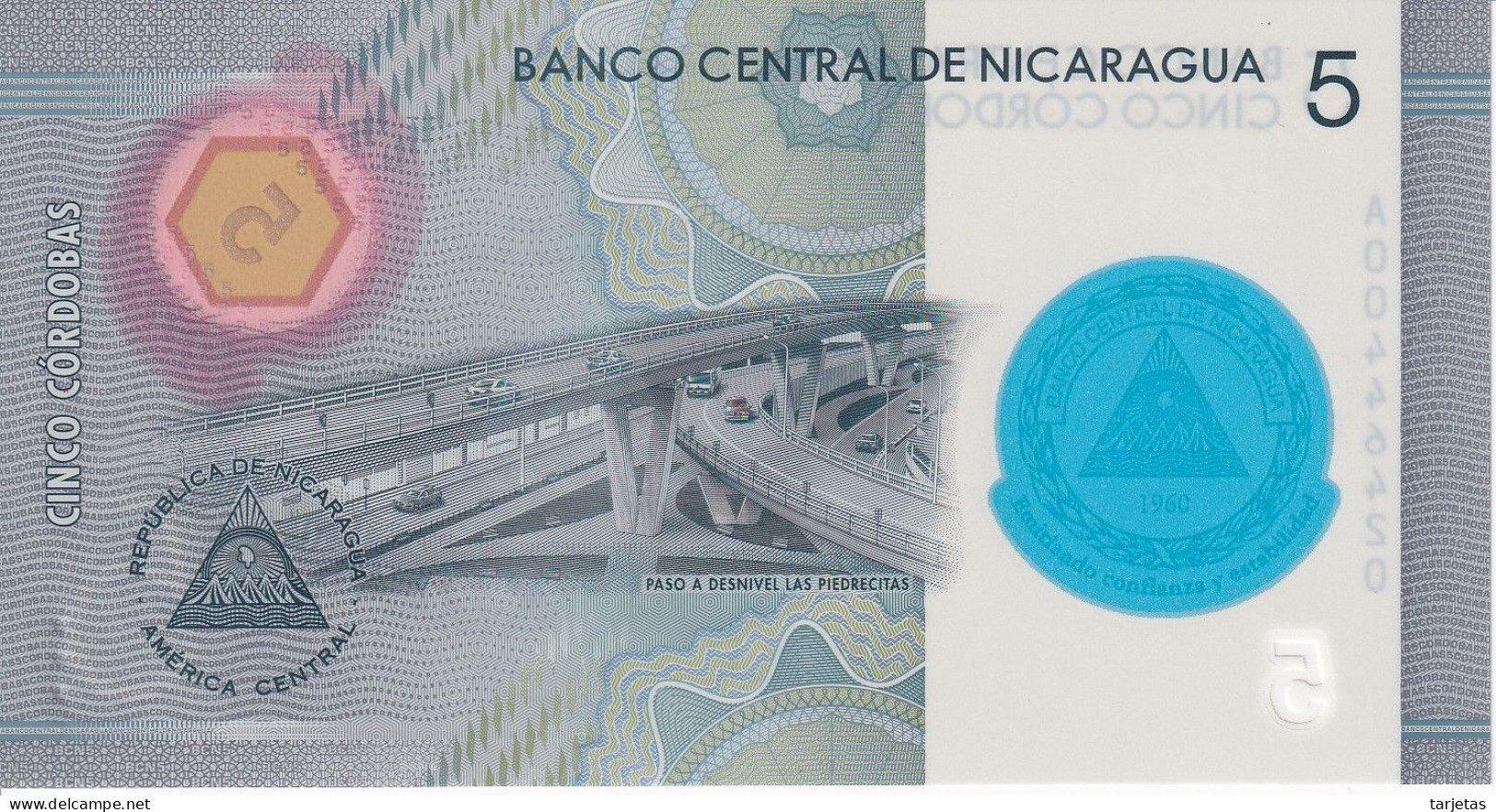 BILLETE DE NICARAGUA DE 5 CORDOBAS DEL AÑO 2019 SIN CIRCULAR (UNC) CONMEMORATIVO  (BANK NOTE) - Nicaragua