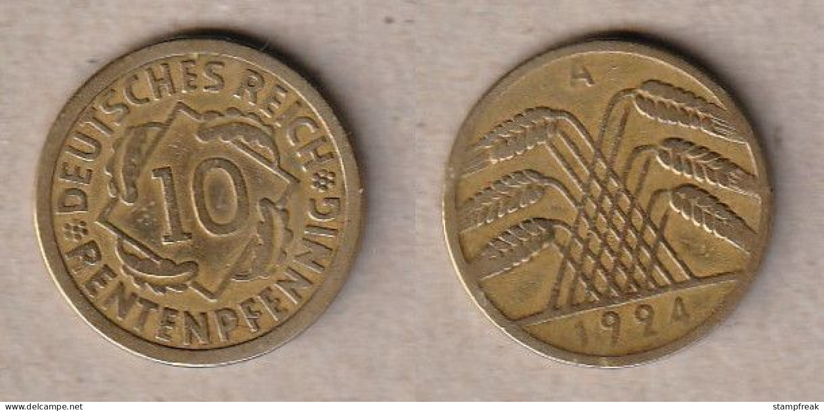 00942) Deutschland, Weimar, 10 Rentenpfennig 1924A - 10 Rentenpfennig & 10 Reichspfennig