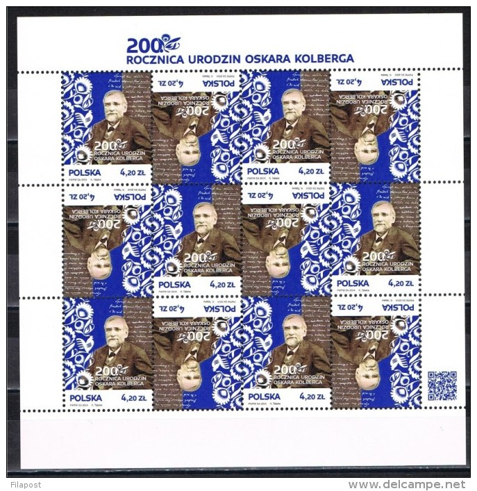 POLAND 2014, 200th Oskar Kolberg, Etnograf, Sheetlet, COMPLETE SHEET MNH ** - Ungebraucht