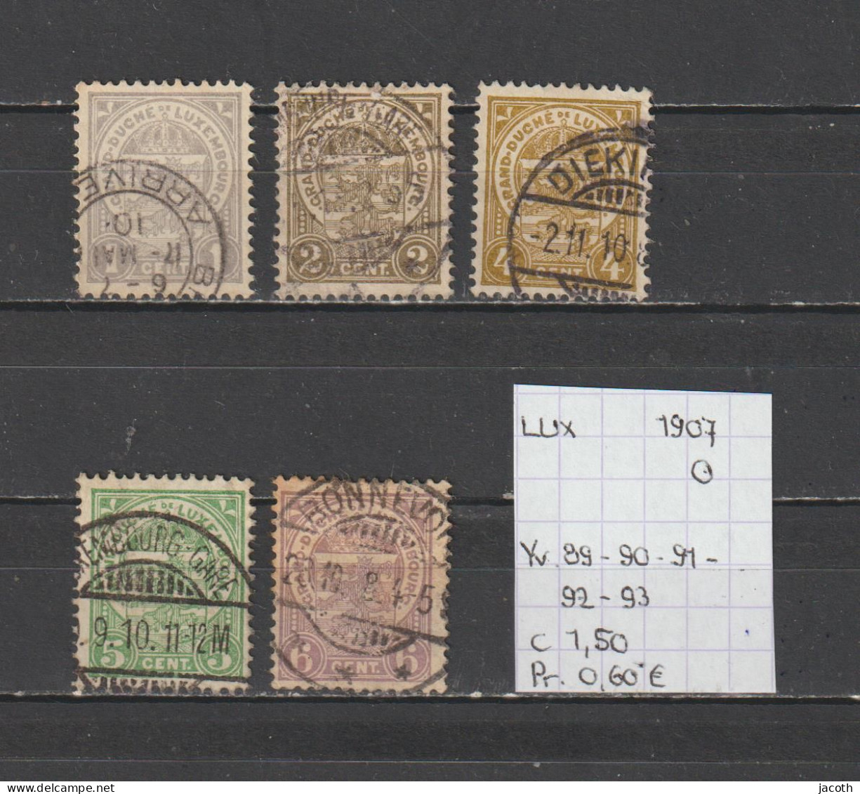 (TJ) Luxembourg 1907 - YT 89 + 90 + 91 + 92 + 93 (gest./obl./used) - 1907-24 Coat Of Arms