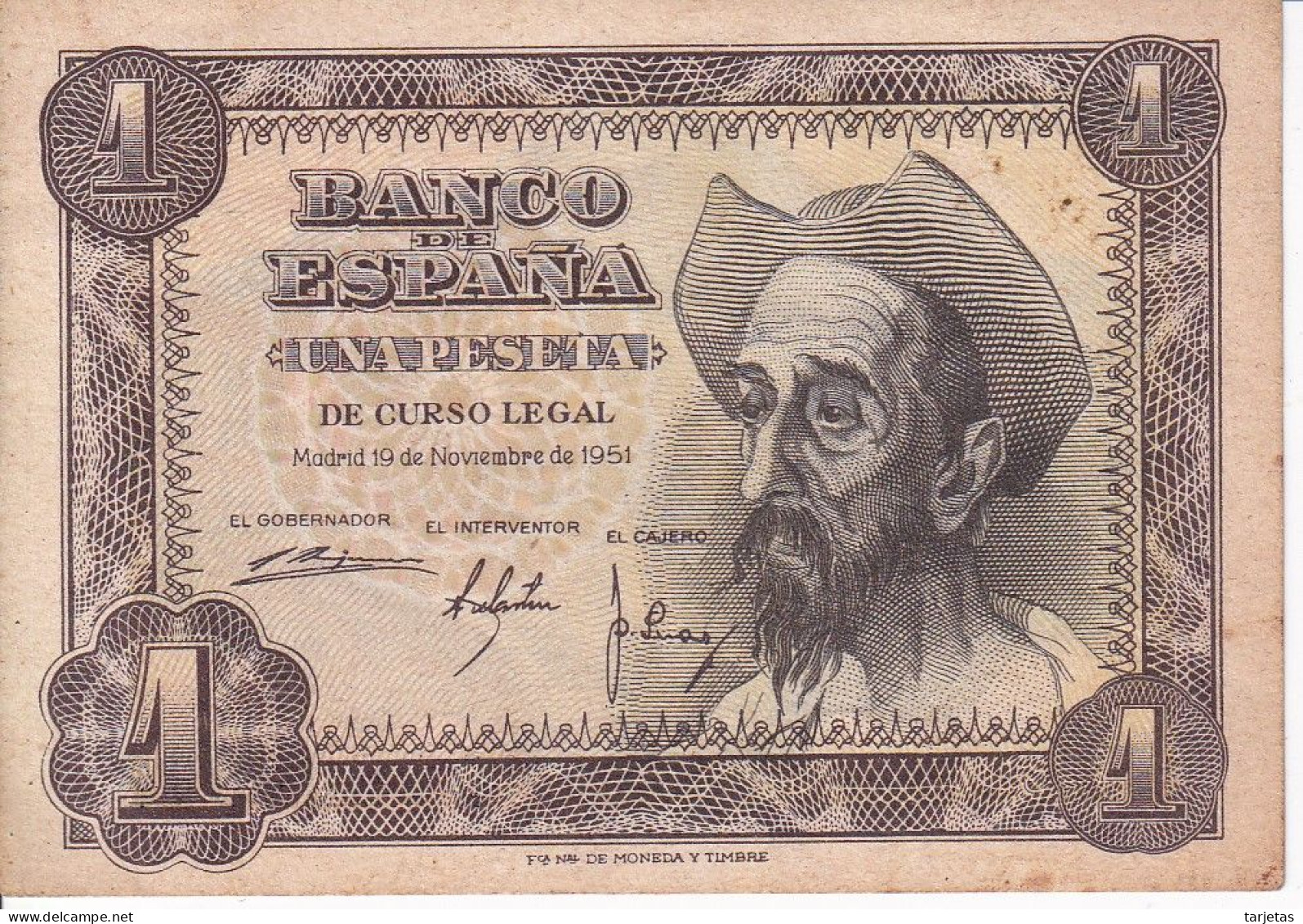 BILLETE DE ESPAÑA DE 1 PTA DEL AÑO 1951 SERIE Q - EL QUIJOTE - 1-2 Peseten