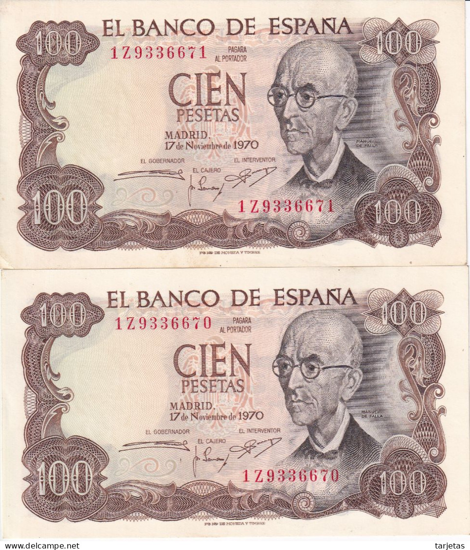 PAREJA CORRELATIVA DE 100 PTAS DEL AÑO 1970 SERIE 1Z SIN CIRCULAR (UNC) (BANK NOTE) - 100 Peseten