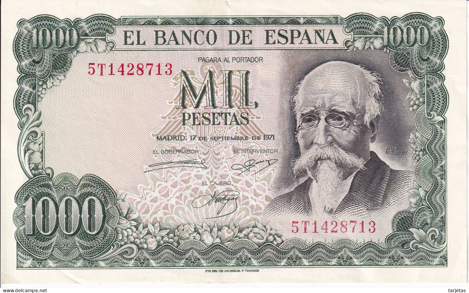 BILLETE DE ESPAÑA DE 1000 PTAS DEL AÑO 1971 JOSE ECHEGARAY SERIE 5T EN CALIDAD EBC (XF) (BANKNOTE) - 1000 Pesetas