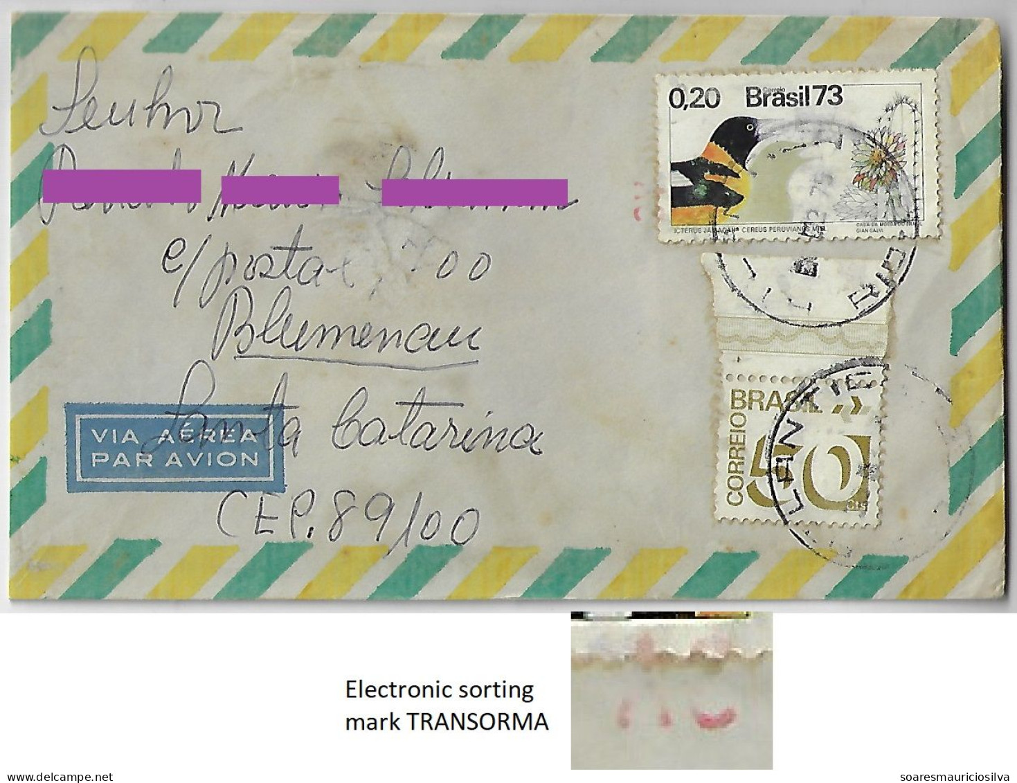 Brazil 1975 Cover From Rio De Janeiro To Blumenau Stamp Bird / Cactus + Definitive Electronic Sorting Mark Transorma AC - Lettres & Documents