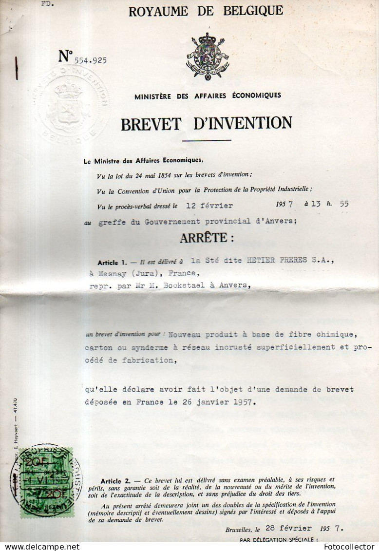 Belgique : Brevet D'invention N° 554925 Du 28 Février 1957 (Hétier Frères à Mesnay Jura - 39) - 1950 - ...