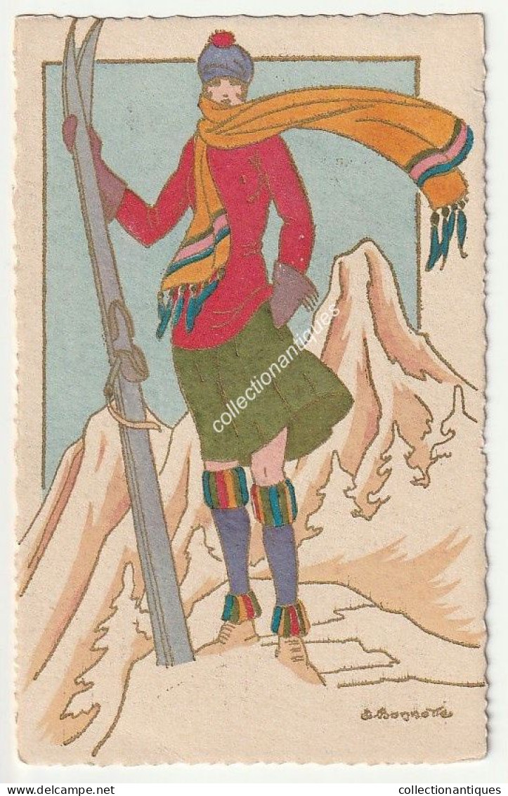 Superbe Illustration De Léon (ou J.) Bonnotte - Signée - Aquarellée à La Main - Art Déco  - Femme Au Ski - Années 20 - Bonnotte