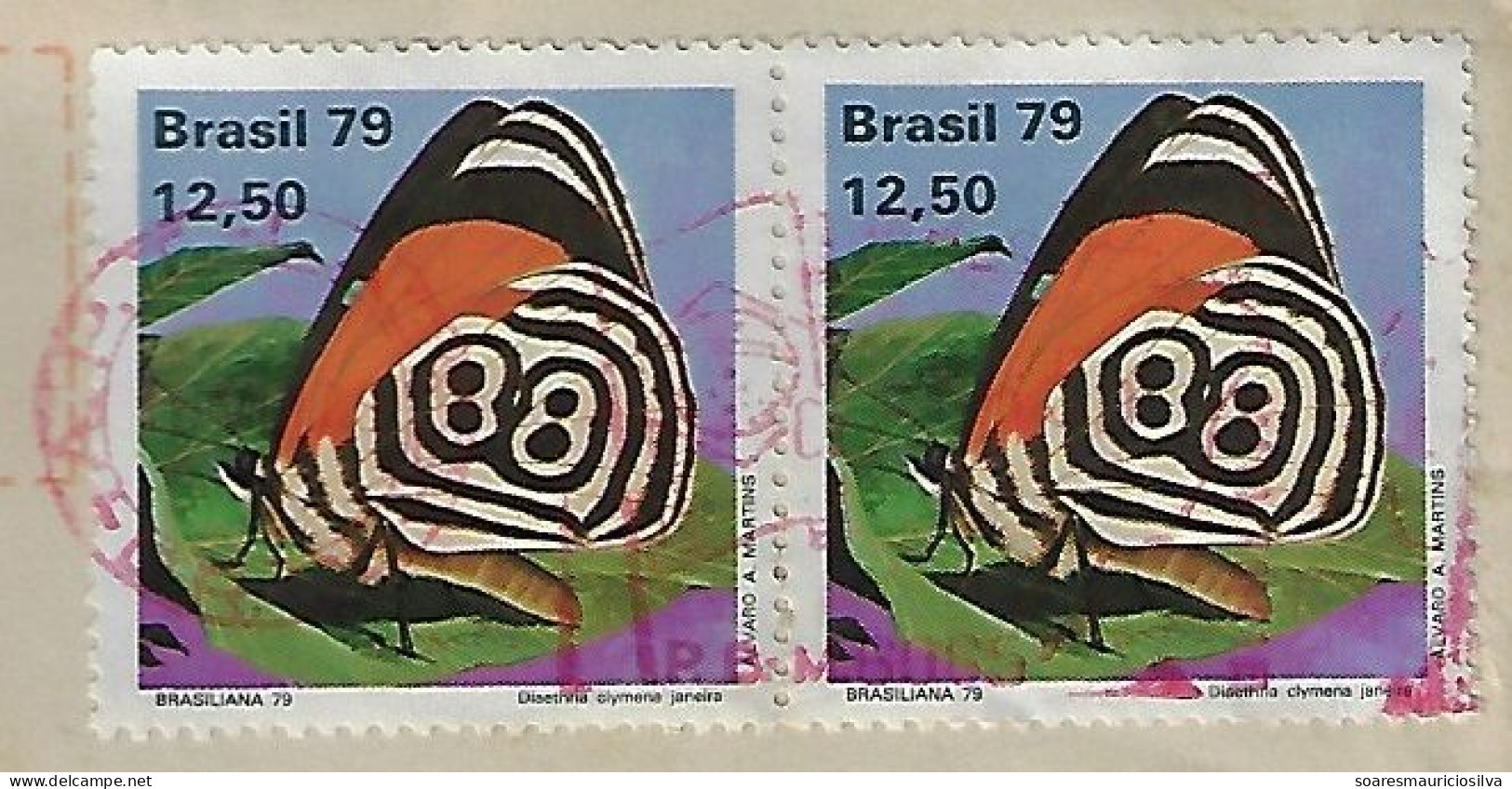 Brazil 1979 Registered Cover From Lages To Blumenau Pair Of Stamp Cramer's 88 Butterfly Insect Cancelled By Meter Stamp - Covers & Documents