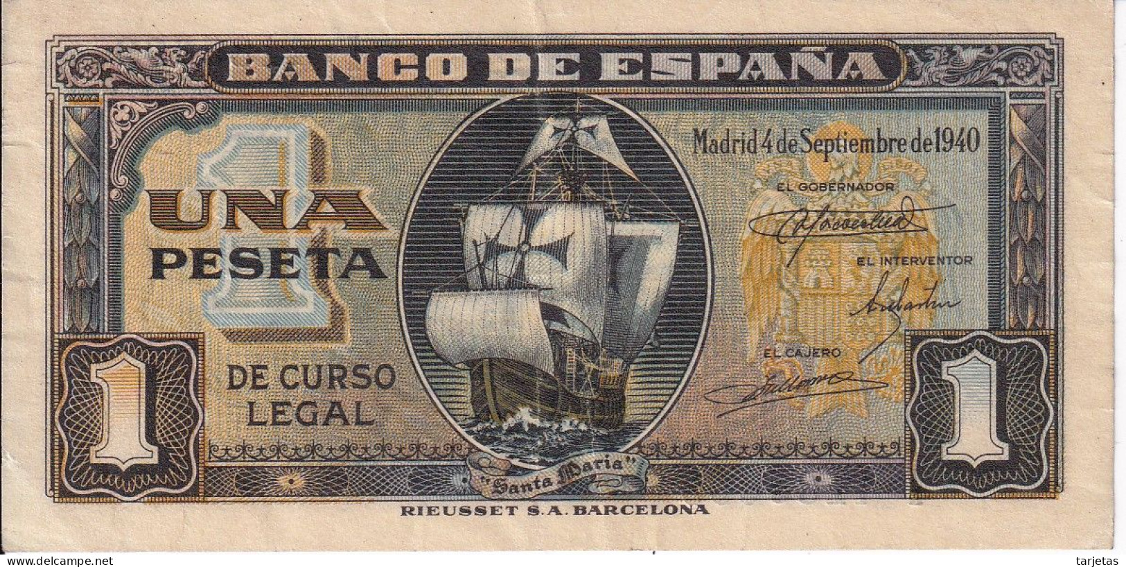 BILLETE DE ESPAÑA DE 1 PTA DEL 4/09/1940 SERIE I CARAVELA EN CALIDAD EBC (XF) (BANKNOTE) - 1-2 Pesetas