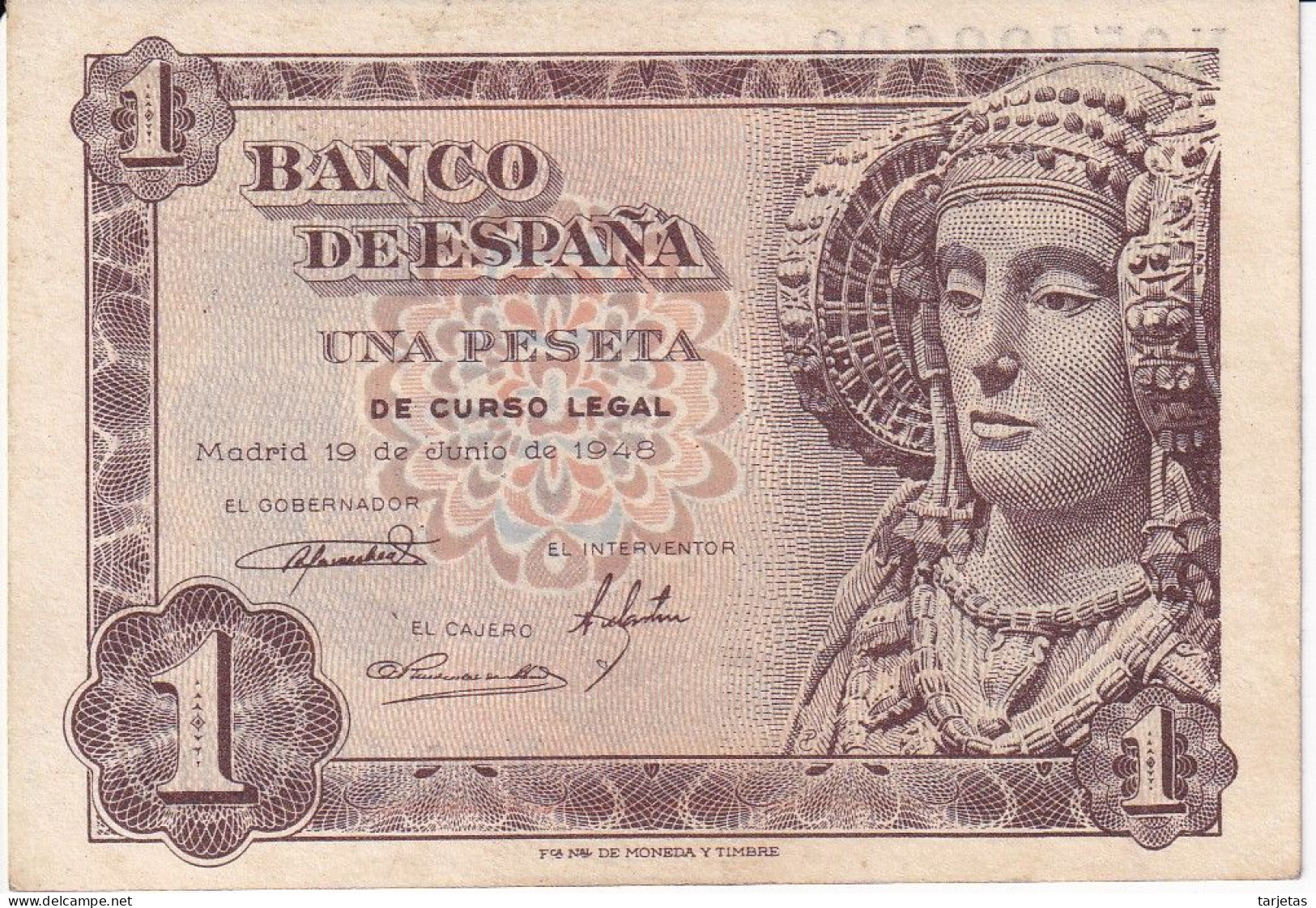 BILLETE DE 1 PESETA DEL AÑO 1948 DE DAMA DE ELCHE SERIE N SIN CIRCULAR (UNC)  (BANKNOTE) - 1-2 Peseten