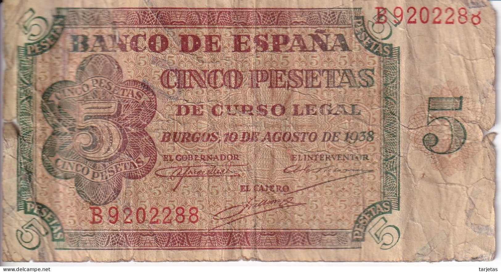 BILLETE DE ESPAÑA DE 5 PTAS DE BURGOS DEL AÑO 1938 SERIE B  (BANKNOTE) - 5 Pesetas