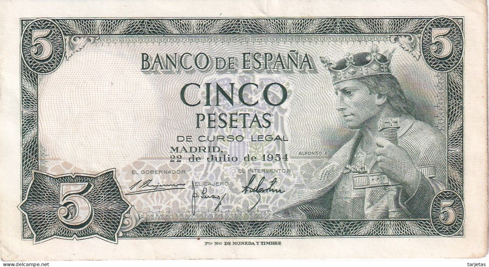 BILLETE DE 5 PTAS DEL AÑO 1954 SERIE G DE ALFONSO X EN CALIDAD EBC (XF) (BANKNOTE) - 5 Pesetas