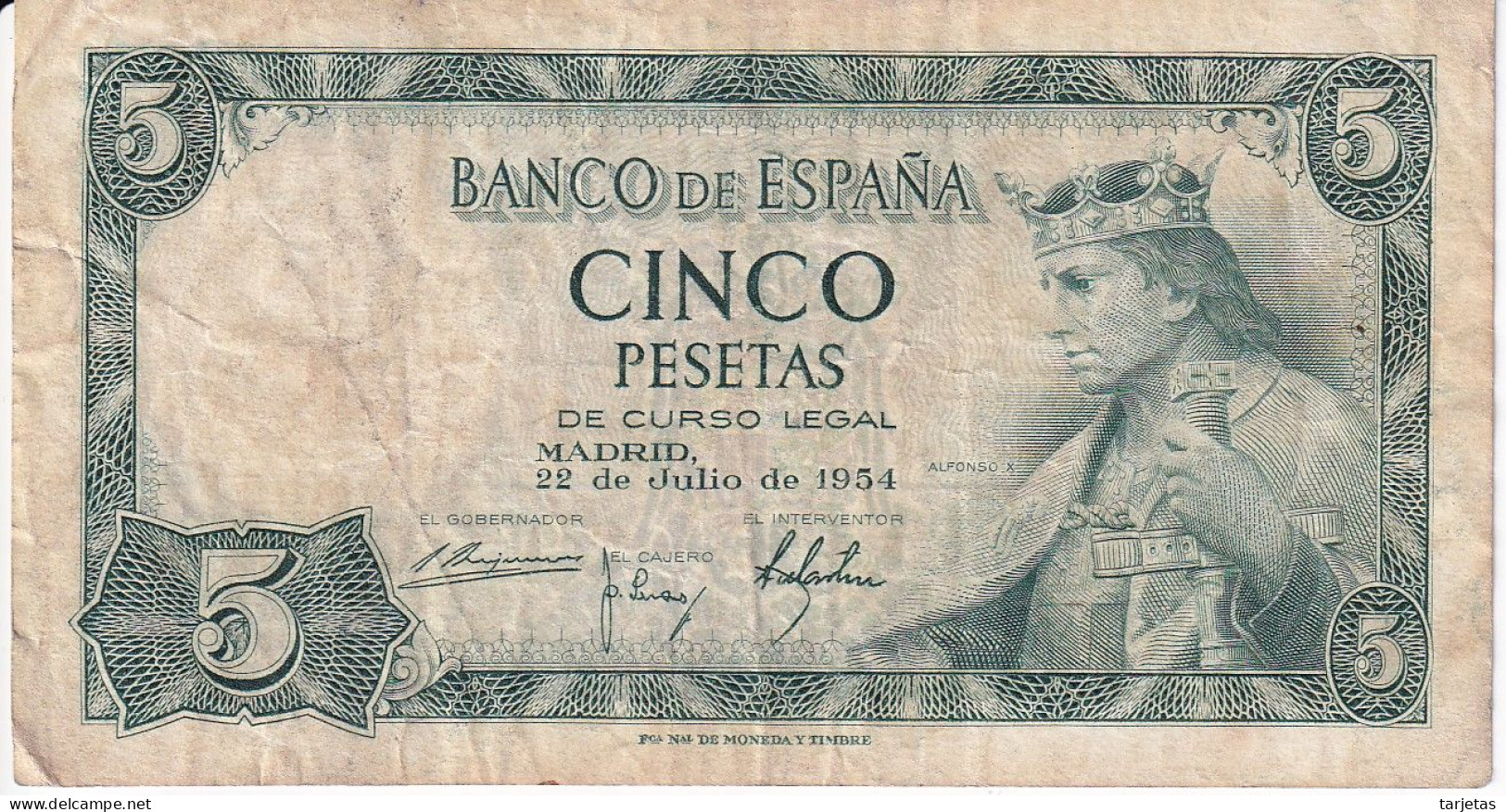 BILLETE DE 5 PTAS DEL AÑO 1954 DE ALFONSO X SIN SERIE  (BANKNOTE) - 5 Peseten