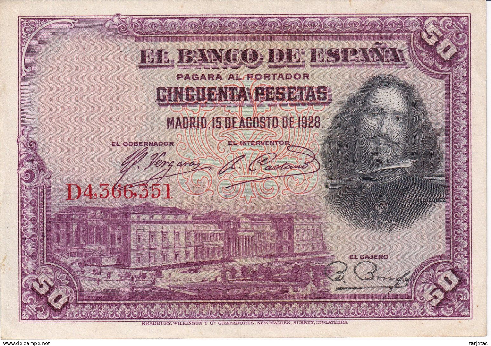 BILLETE DE ESPAÑA DE 50 PTAS DEL AÑO 1928 SERIE D CALIDAD EBC (XF) VELAZQUEZ - 50 Peseten