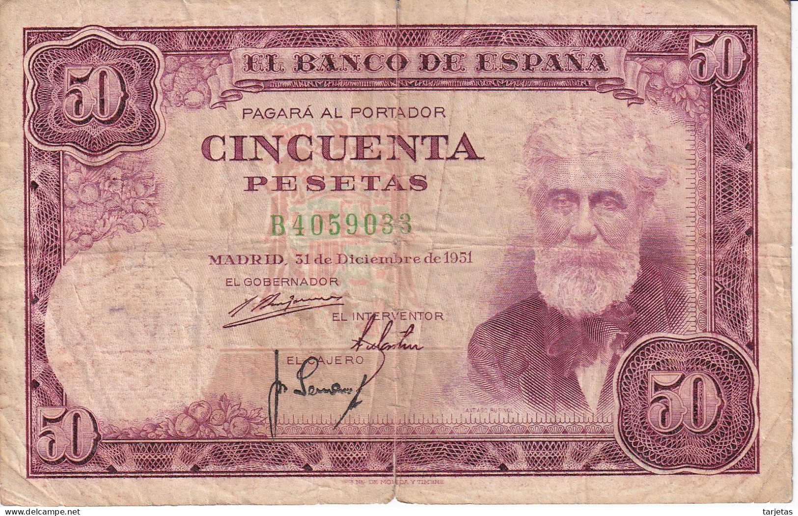 BILLETE DE ESPAÑA DE 50 PTAS DEL 31/12/1951 SERIE B  (BANKNOTE) SANTIAGO RUSIÑOL - 50 Pesetas