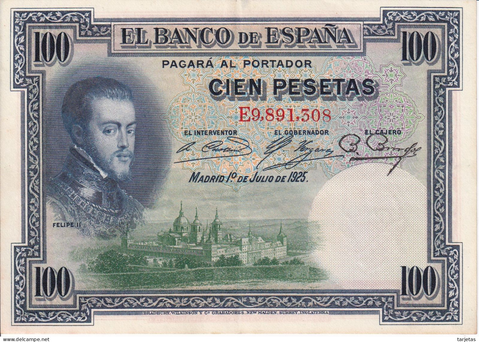 BILLETE DE ESPAÑA DE 100 PTAS DEL AÑO 1925 EN CALIDAD EBC (XF) (BANKNOTE) FELIPE II - 100 Peseten