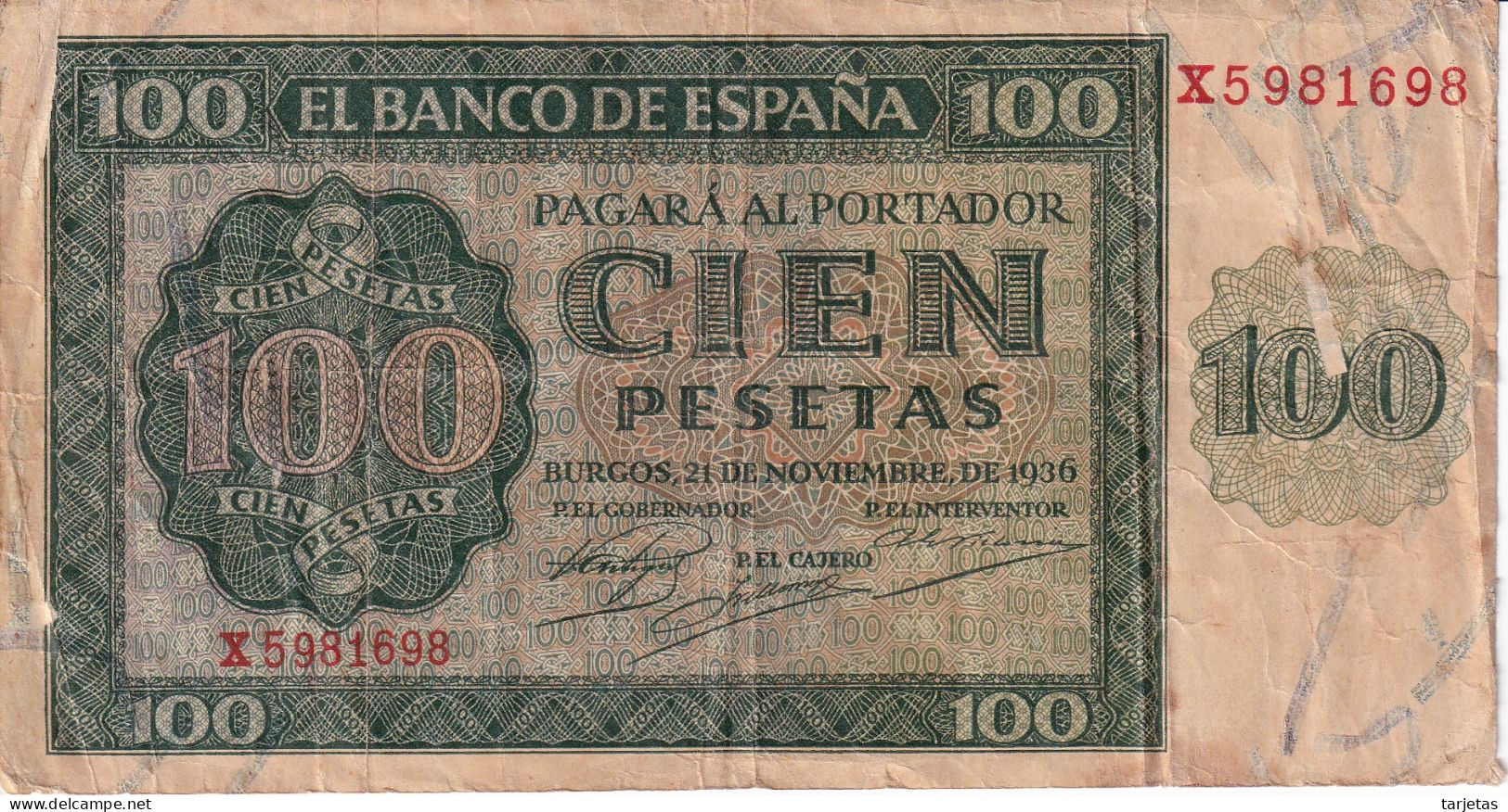 BILLETE DE ESPAÑA DE BURGOS DE 100 PTAS 20/05/1936 SERIE X (BANK NOTE) - 100 Pesetas