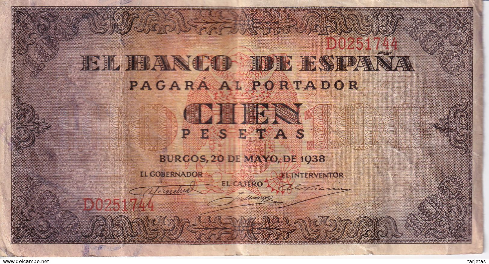 BILLETE DE ESPAÑA DE BURGOS DE 100 PTAS DEL AÑO 1938 SERIE D (BANK NOTE) - 100 Pesetas
