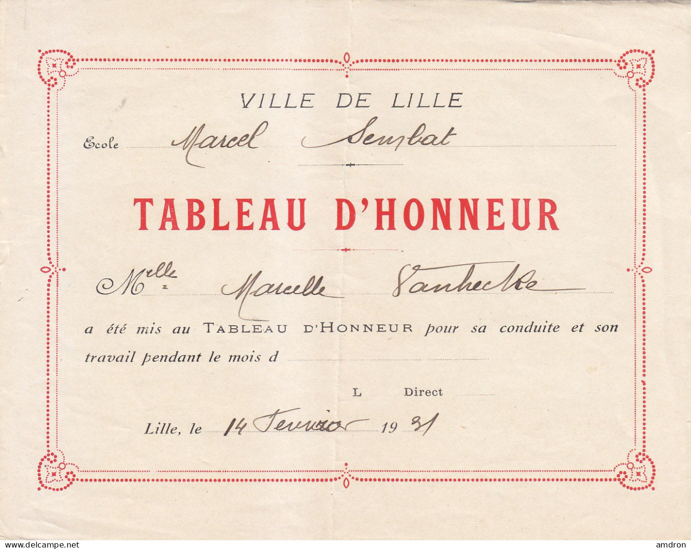 Ville De Lille - Tableau D'honneur - Diplômes & Bulletins Scolaires