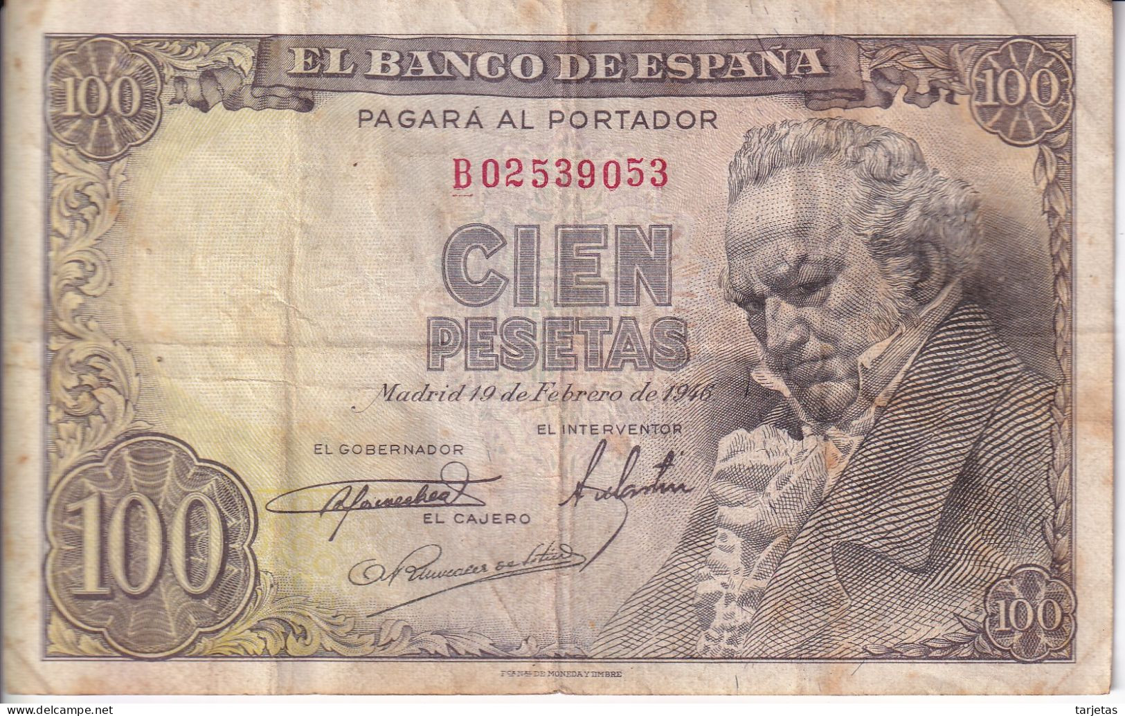 BILLETE DE ESPAÑA DE 100 PTAS DEL AÑO 1946 SERIE B (BANKNOTE) GOYA - 100 Pesetas