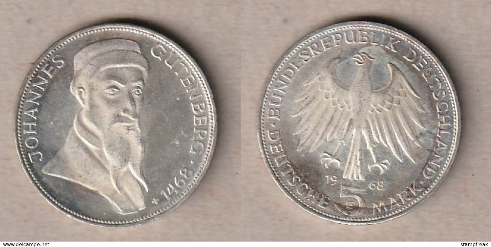 01550) Deutschland, 5 Mark 1968G Gutenberg - 5 Mark