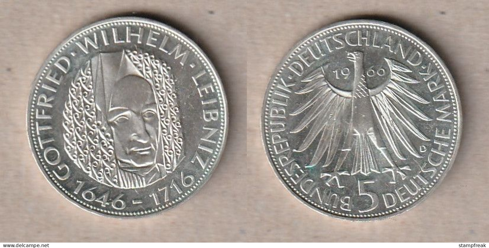 01549) Deutschland, 5 Mark 1966D Leibniz - 5 Marcos