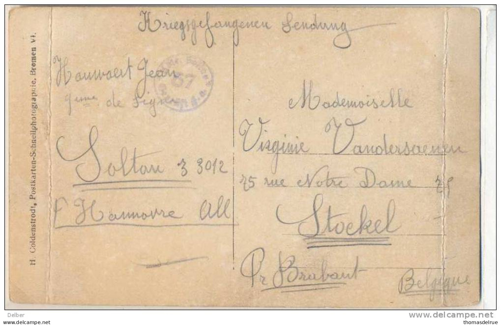 _B893:Kriegsgefangen Senund: Van Solteau > Stockel -Brabant: Fotokaart Met Censure-stempel .. ( 2 Vertik.plooien) - Prigionieri