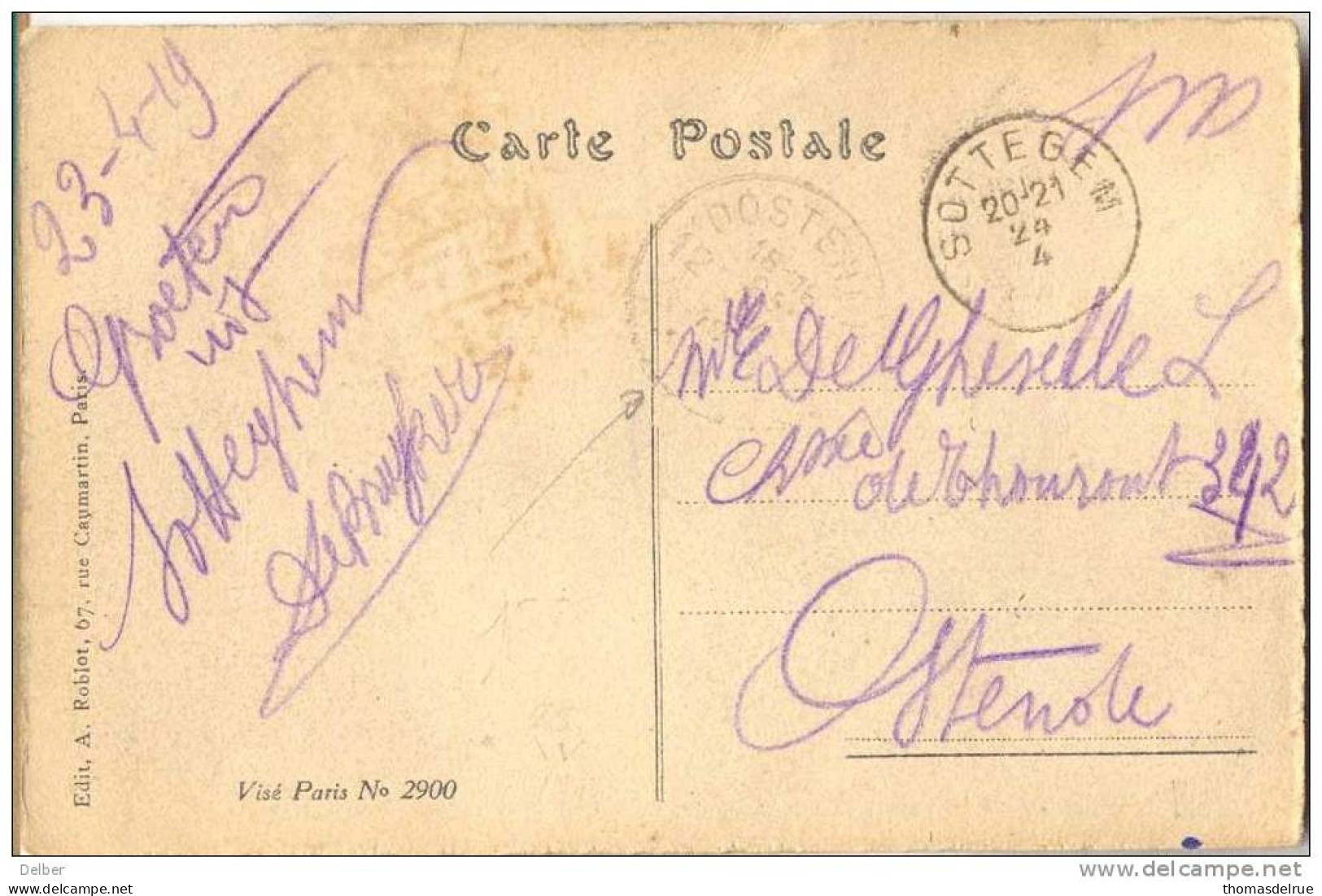 _M439:postkaart: ..puinen Eener Kerk..verstuurd: S.M.: SOTTEGEM 20-21 24 4 (= Noodstempel) > 12*.OOSTENDE12*(=noodstempe - Fortune (1919)