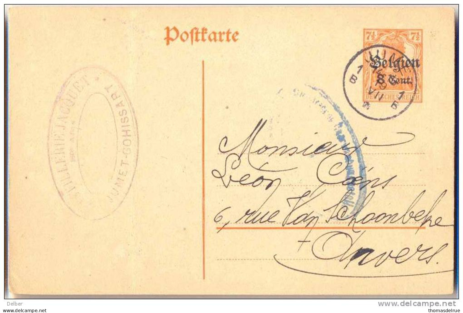 _K921: Postkarte:  Belgien 8 CENT / 7½ Pf: 1B JUMET 1B ___ ( Geen Jaartal) + Censuur: - German Occupation