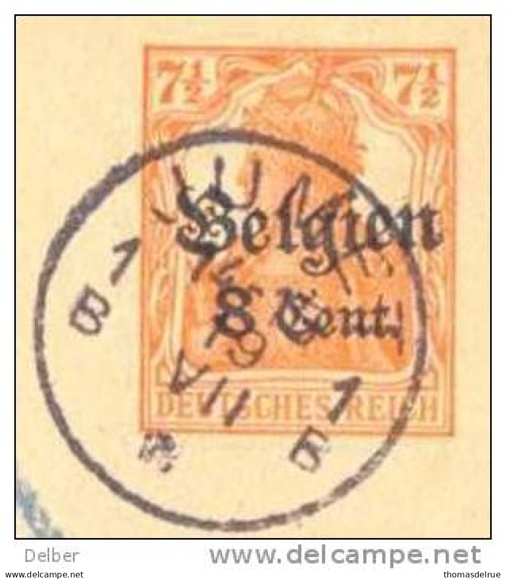 _K921: Postkarte:  Belgien 8 CENT / 7½ Pf: 1B JUMET 1B ___ ( Geen Jaartal) + Censuur: - Deutsche Besatzung