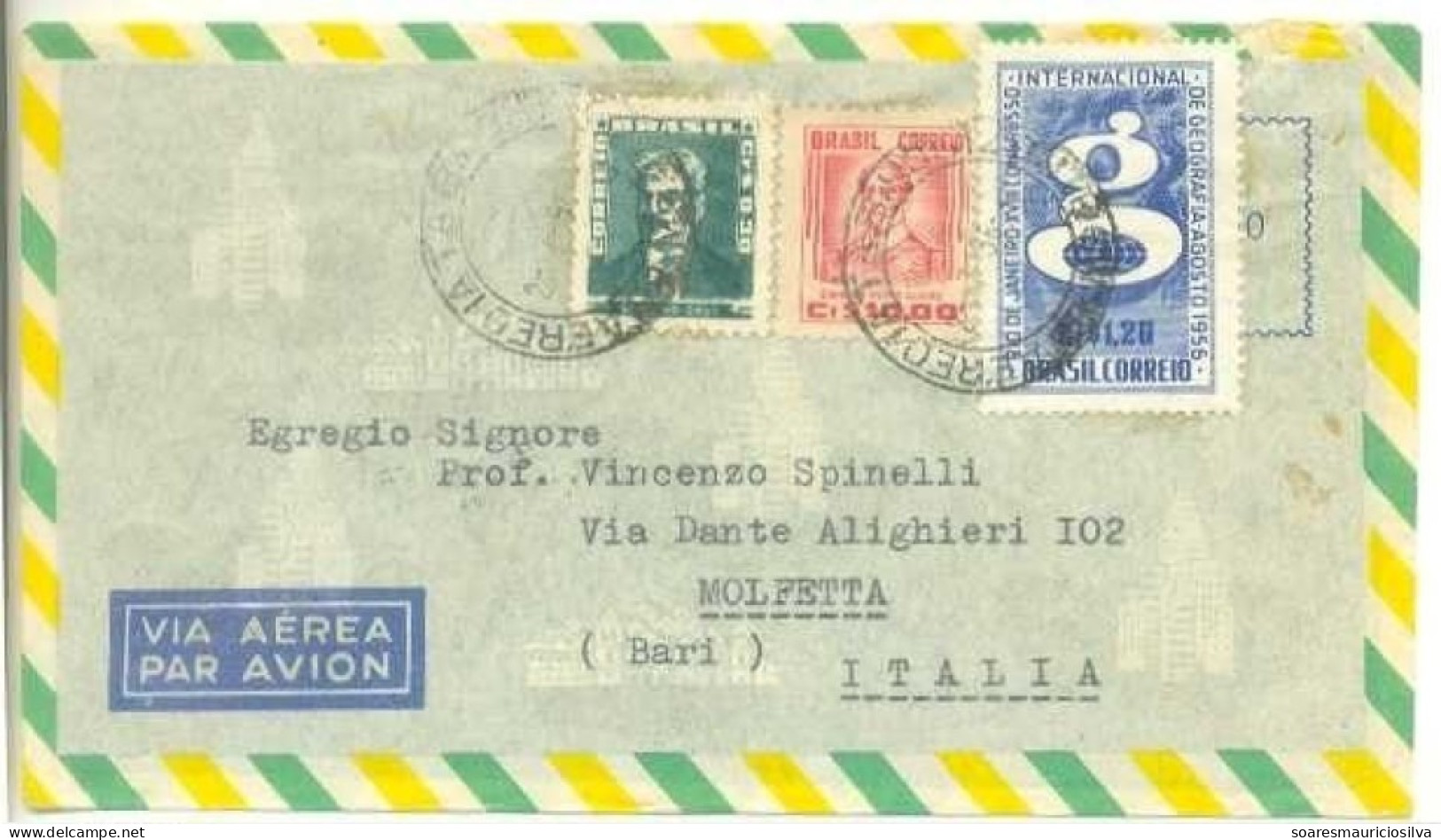 Brazil 1956 Cover Sent From Belo Horizonte To Bari Italy Stamp International Geography Congress + 2 Definitive - Lettres & Documents