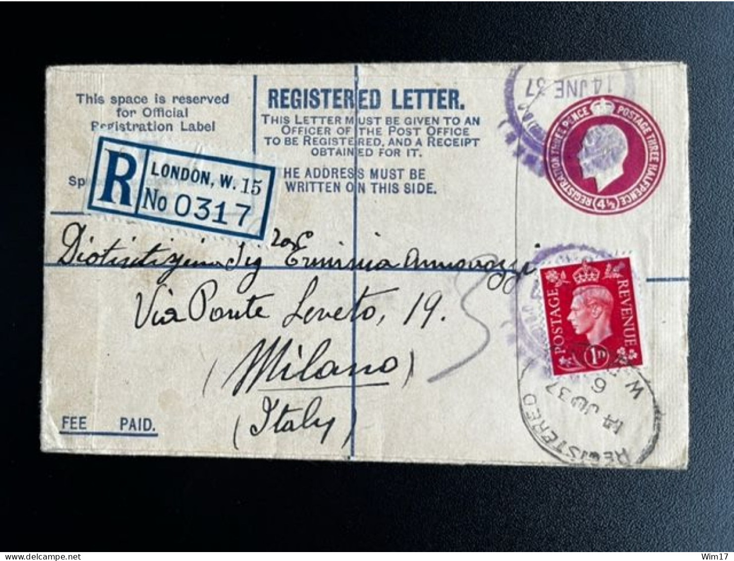 GREAT BRITAIN 1937 REGISTERED LETTER LONDON TO MILAN 14-06-1937 GROOT BRITTANNIE - Cartas & Documentos