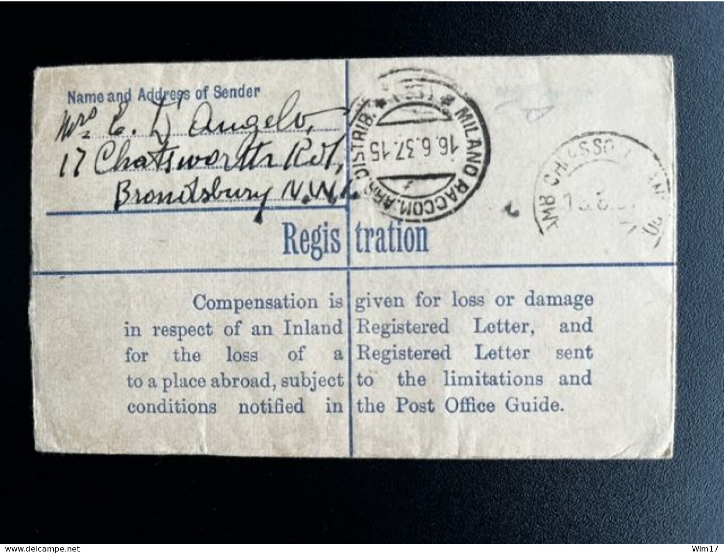 GREAT BRITAIN 1937 REGISTERED LETTER LONDON TO MILAN 14-06-1937 GROOT BRITTANNIE - Covers & Documents