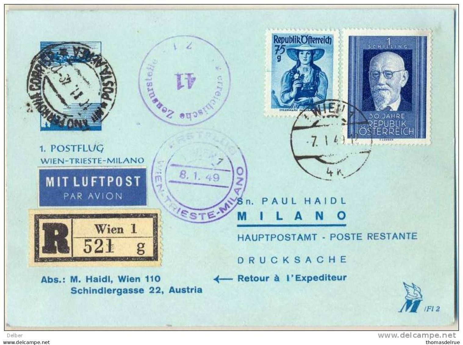 _783: 1. POSTFLUG 1e Vlucht Wenen-Triest-Milaan  :R-strook + BRIEFZENSUR 41 Z1: LU2+  N° 927 & N°869:1 WIEN 1 -7.I. 49 - Erst- U. Sonderflugbriefe