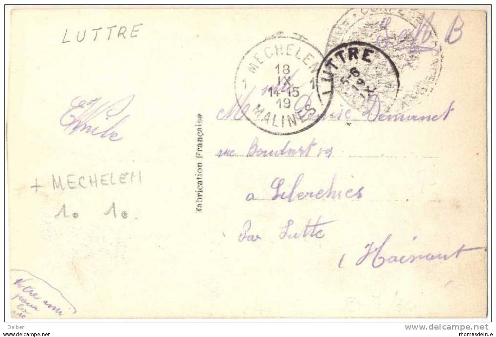 _Ny667:fantasiekaart:verstuurd:M.B:1_ MECHELEN 1_ MALINES > LUTTRE 5-6 19 IX ___ Noodstempels: Gewijzigd Postagentschap - Fortune (1919)