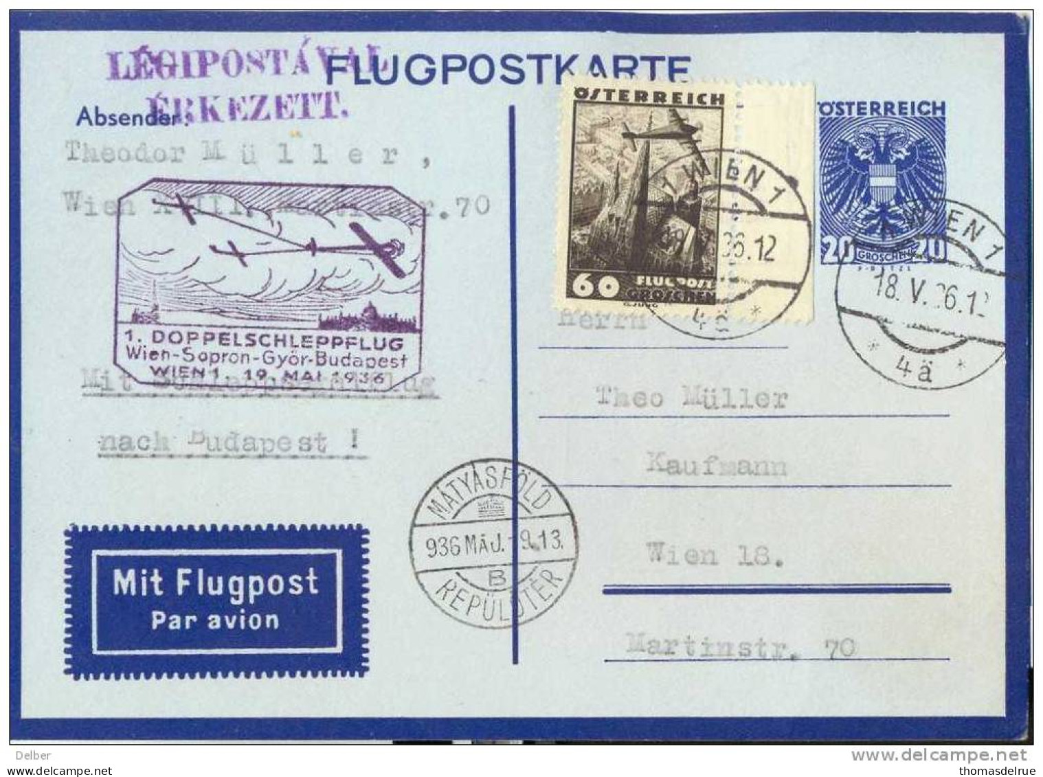 _ik607:DOPPELSCHLEPPFLUG  Wien-Sopron - Györ - Budapest Wien 1 19 MAI 1936 MATYASFÖLD - Other & Unclassified