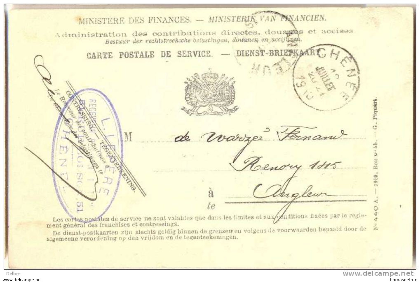 _Nx663: CARTE POSTALE DE SERVICE: Portvrijdom: E11: CHENEE > ANGLEUR  1910 - Portofreiheit