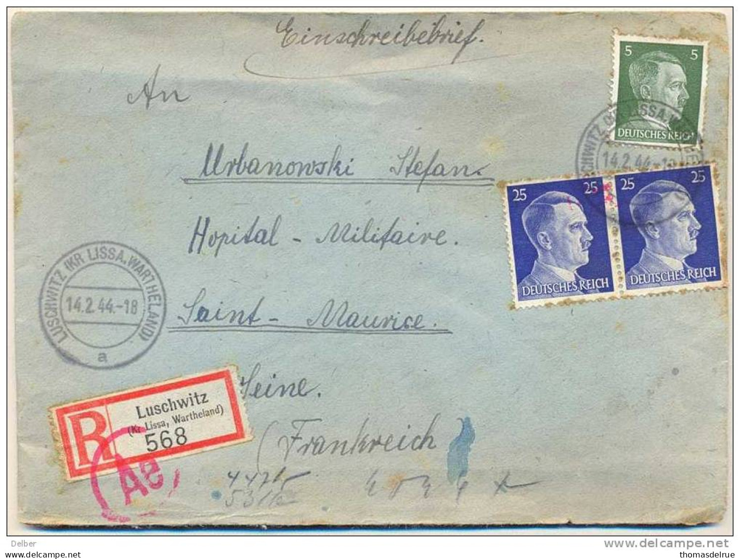 _Np874:Einsschreibebrief:2+25+25:LUSCHWITZ (KR LISSA.WARTHELAND)+R-vignet 568>Saint-Maurice Seine F+censuur 14.2.44 - Gevangenkampen